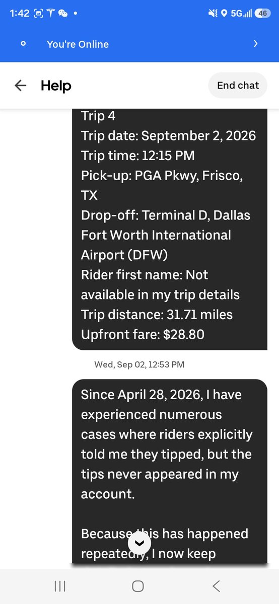LEbersbach43244's tweet photo. I reported missing tips. Uber Support responded by explaining upfront fares—which I never disputed—and then closed the chat without allowing me to reply.
I’m asking a very simple question: riders paid tips, so where did those tips go?  @Uber @Uber_Support https://t.co/mH7niKCWSY