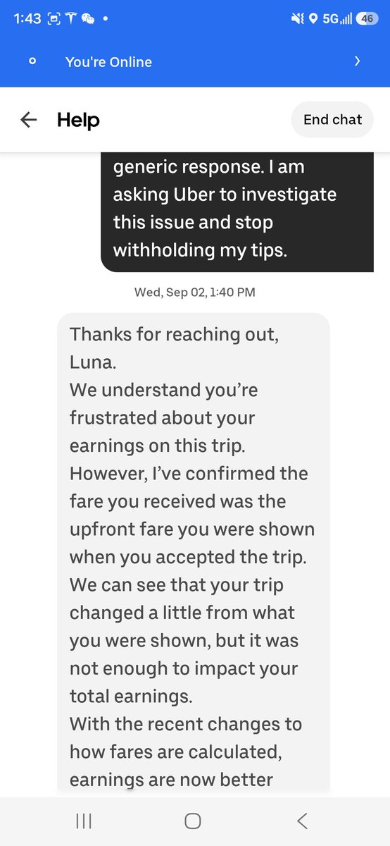 LEbersbach43244's tweet photo. I reported missing tips. Uber Support responded by explaining upfront fares—which I never disputed—and then closed the chat without allowing me to reply.
I’m asking a very simple question: riders paid tips, so where did those tips go?  @Uber @Uber_Support https://t.co/mH7niKCWSY