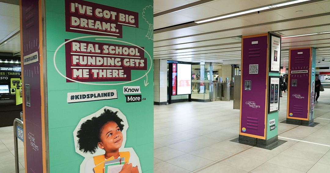 OECTAProv's tweet photo. As #OntEd heads back to school, #CatholicTeachers have turned Union Station into a school to champion:

✅Smaller class sizes
✅Fulsome resources and supports for every student
✅Real investment in schools

We shouldn't have to run a campaign to tell the govt this... #KnowMore https://t.co/hzR1B9dHHb