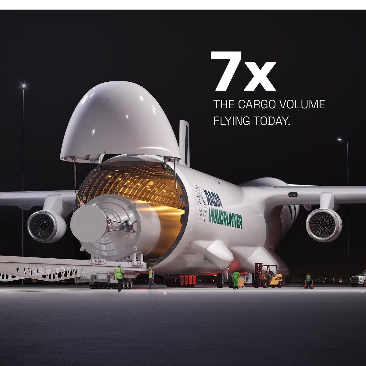 RadiaWindRunner's tweet photo. #WindRunner offers 7x the cargo volume of today’s largest airlifters—designed to move rocket stages, satellites, and aerospace systems fully intact, in ways no existing aircraft can.

That means:
- Deployment timelines measured in hours, not weeks.
- More launch site flexibility.
- Fewer constraints between factory and pad.

Learn more: https://t.co/XBsfdZsqoo

#SpaceLaunch #WorldsLargestAircraft