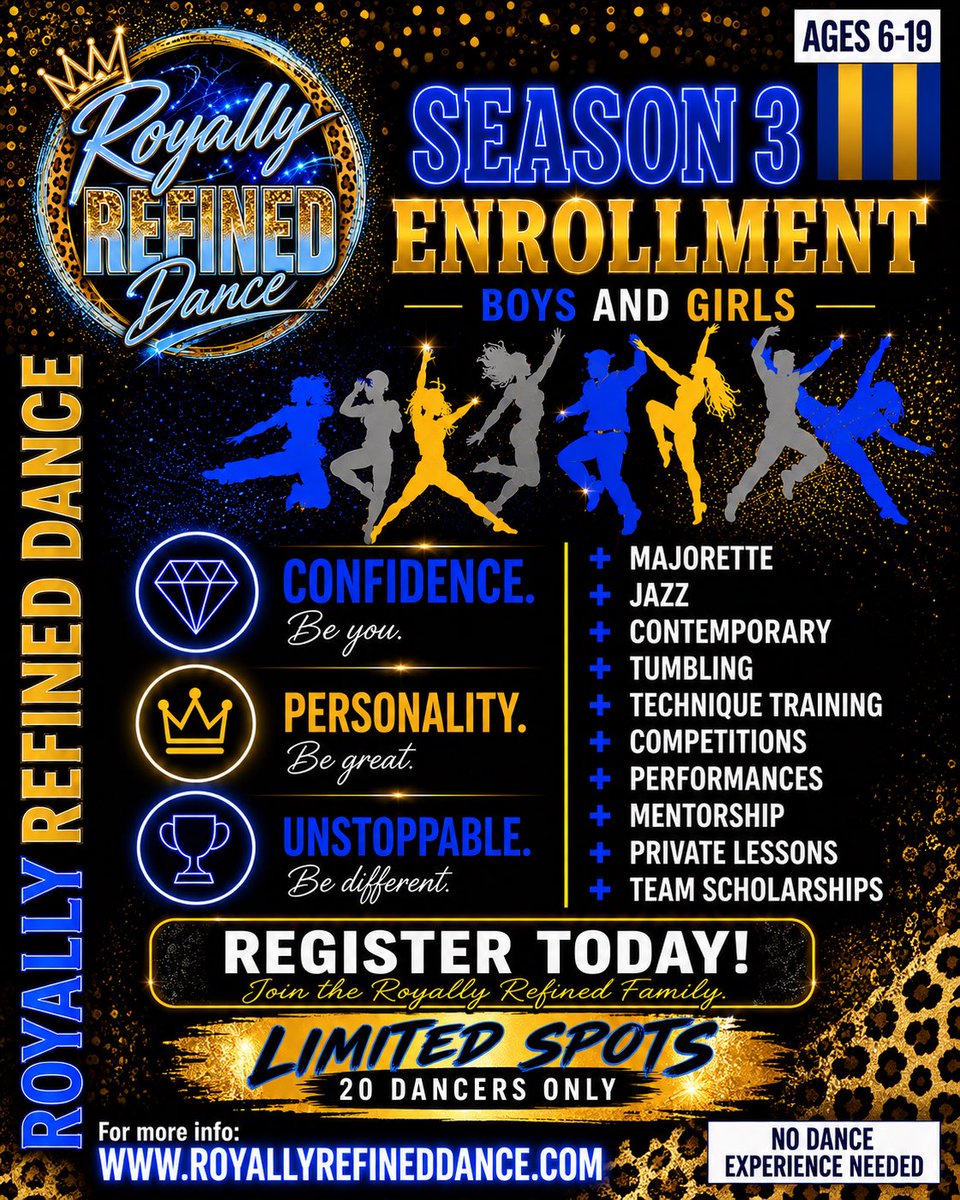 RRDance24's tweet photo. Season 3 is officially here! Royally Refined Dance is enrolling boys &amp; girls ages 6–19. Train in majorette, jazz, hip-hop, contemporary, tumbling &amp; technique, with competitions and performances. Only 20 spots available. Register today!
#RoyallyRefinedDance #Season3 #Dance #BOGOTÁ https://t.co/9lQPoKah6j