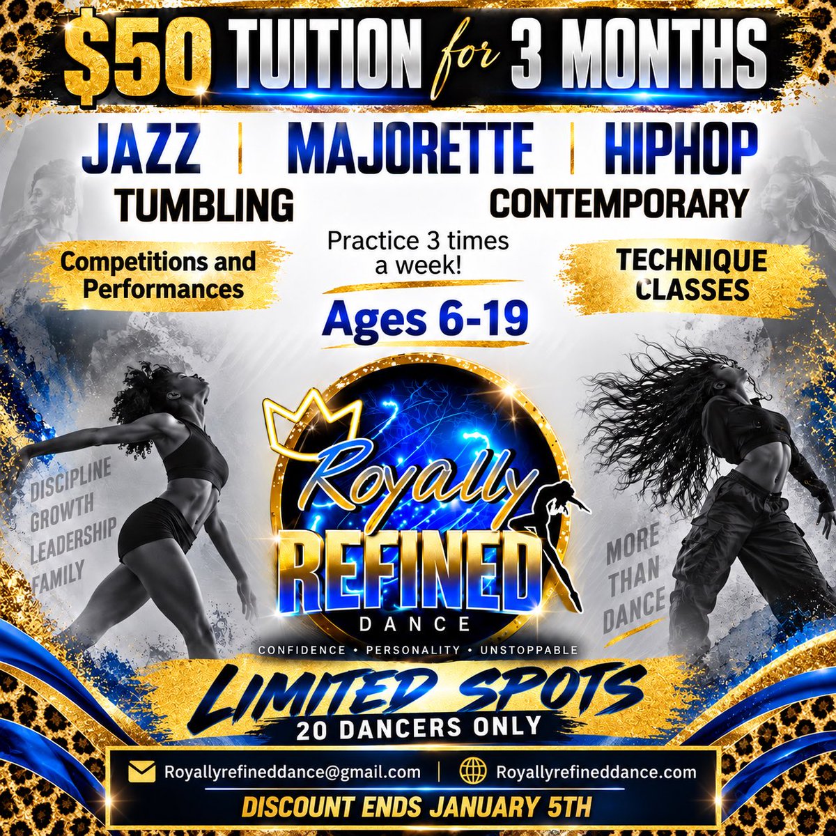 RRDance24's tweet photo. Season 3 is officially here! Royally Refined Dance is enrolling boys &amp; girls ages 6–19. Train in majorette, jazz, hip-hop, contemporary, tumbling &amp; technique, with competitions and performances. Only 20 spots available. Register today!
#RoyallyRefinedDance #Season3 #Dance #BOGOTÁ https://t.co/9lQPoKah6j
