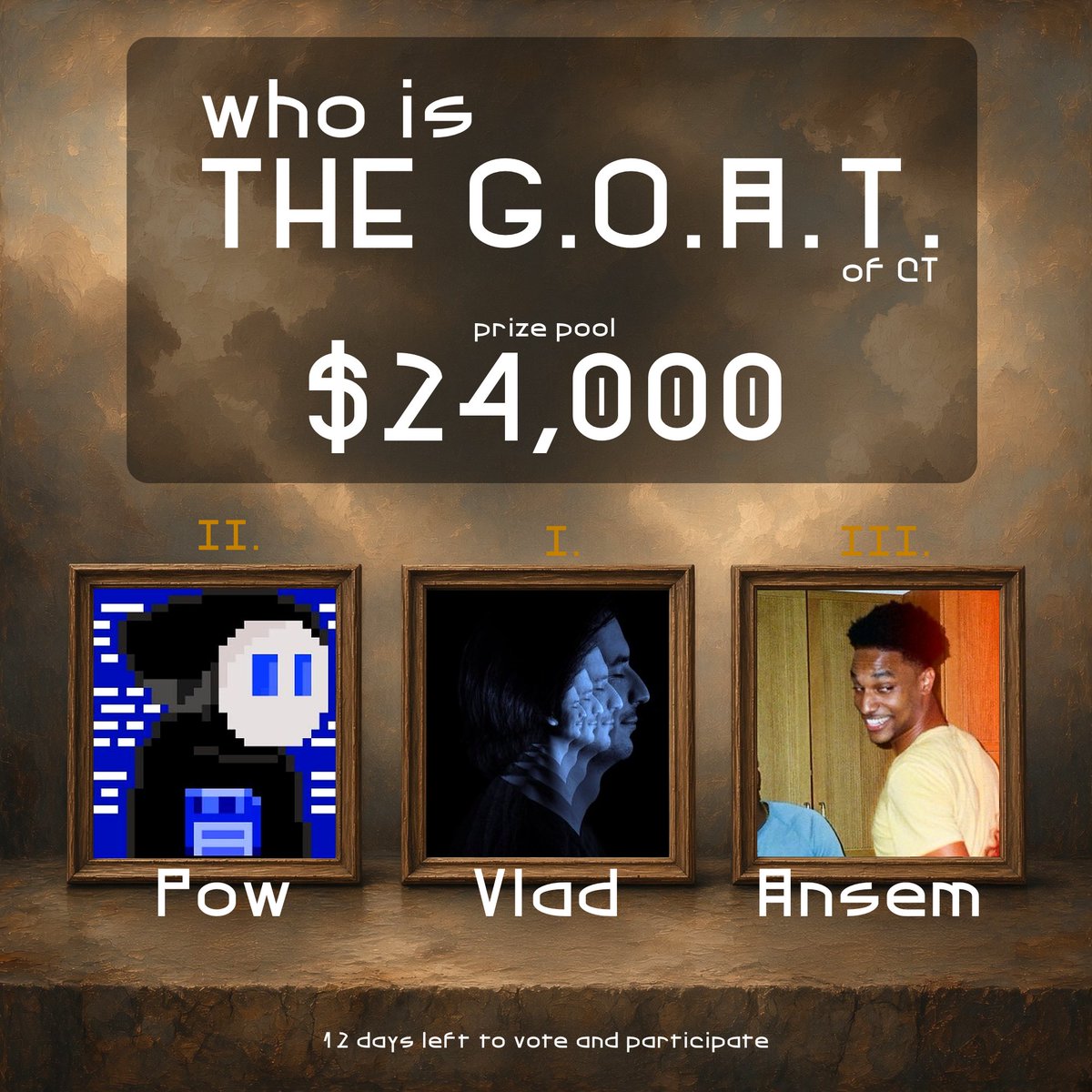 WIFonRH's tweet photo. Who is the G.O.A.T. of CT? (78 Particpants)

Prize pool grew to $24,000

At the moment:

1. @vladtenev 
2.@traderpow 
3.@blknoiz06 

50% of the prize pool goes to the winner once all votes are verified. 
50% goes to 10 randomly selected voters. 

The more the prize pool grows, the more voters will be rewarded.

One vote to participate: 
1 $WIF = $0.00053

No wallet connection needed. 

The link to participate is in the first comment. 

WORLD IS FAIR