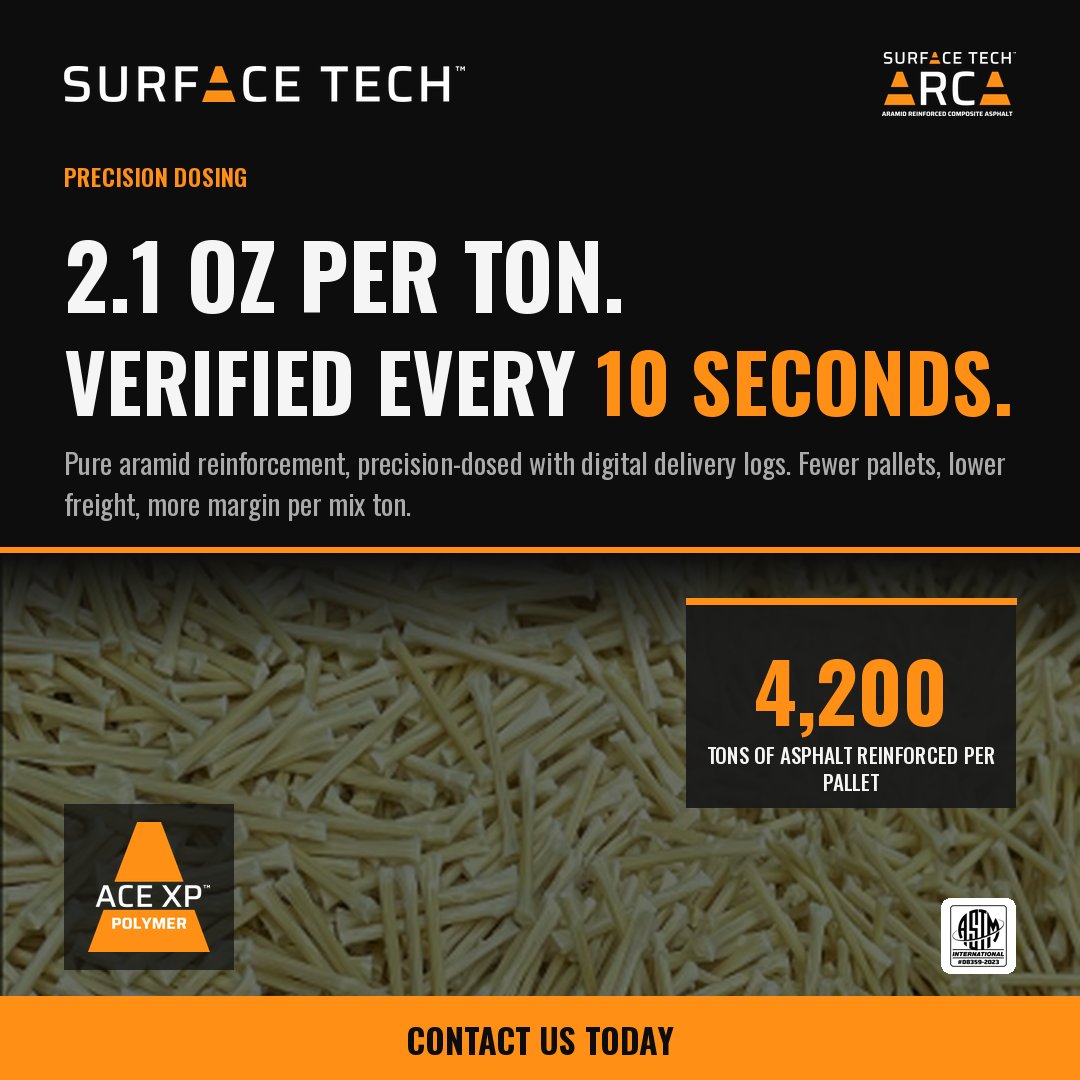 SurfaceTech_LLC's tweet photo. ACE XP Pure aramid reinforcement with daily production reports.

Precision-dosed aramid. Verified every 10 seconds.

If you're adding fiber to your mix, you should be able to prove it went in — every ton, every run. ACE XP: 2.1 oz/ton of pure aramid, verified every 10 seconds, with 4,200 tons of asphalt reinforced per pallet.

#aramid #asphalt #ARCA #noflyaway #ACEXP #Best #astm #infrastructure