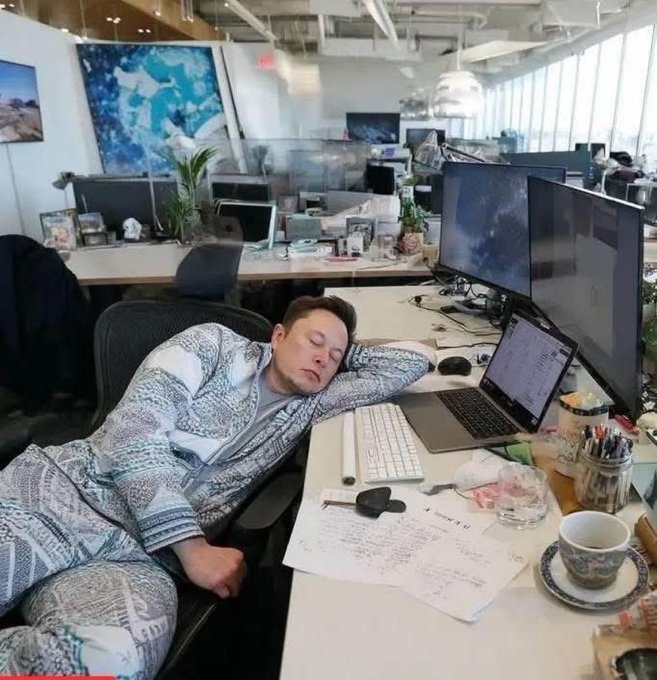 Elon_Mars00's tweet photo. If you saw Elon sleeping at his desk like that…

A) Let him sleep
B) Take a discreet photo
C) Wake him gently
D) Leave coffee and walk away https://t.co/xJRfyjHORB