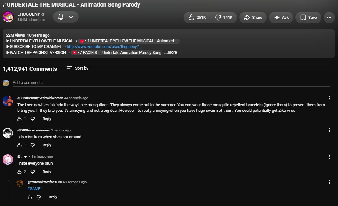 fematery's tweet photo. i randomly clicked on the story of undertale song in my youtube recommended and it sorted itself to newest comments and all i see is abunch of people to talk to eachother in the comments and im perplexed https://t.co/Q0WIzxse0R