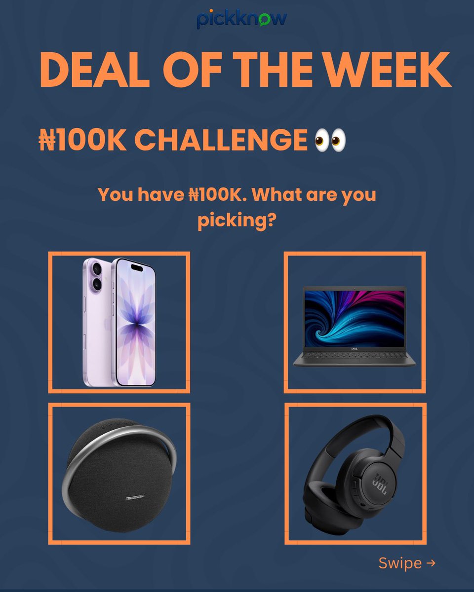 pickknow_ng's tweet photo. ⚡ *DEAL OF THE WEEK IS HERE!*👀🔥

Imagine you have *₦100K to spend… what are you picking?* 🤔📱💻

From gadgets to useful home appliances, we’ve rounded up some of the best-priced listings currently on Pickknow. 🛍️

#Pickknow #DealOfTheWeek #PickknowDeals #NaijaDeals https://t.co/m9KVjXyGI2