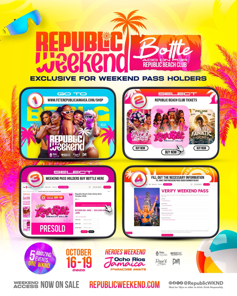 RepublicWknd's tweet photo. Republic Beach Club just got a little more BOTTLE. 🍾🌴

Weekend Access holders can now add a bottle package to their Republic Beach Club experience. 👀

Secure your add-on before they’re gone.

https://t.co/eWw4fgrCCZ

#RepublicWKND #RepublicBeachClub #HeroesWeekend https://t.co/uD1F70iOyj