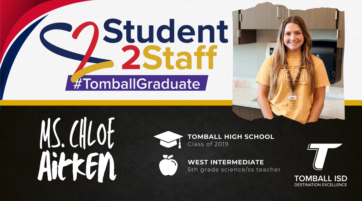 TomballISD's tweet photo. 🎓 Tomball shaped her. Now she is shaping Tomball.

Student2Staff Spotlight: Chloe Aitken is a 2019 graduate of @TISDTHS and a current 5th grade teacher at @TISDWIS!

Meet Ms. Aitken: https://t.co/xMVVUa564F https://t.co/mdZEoffNK2