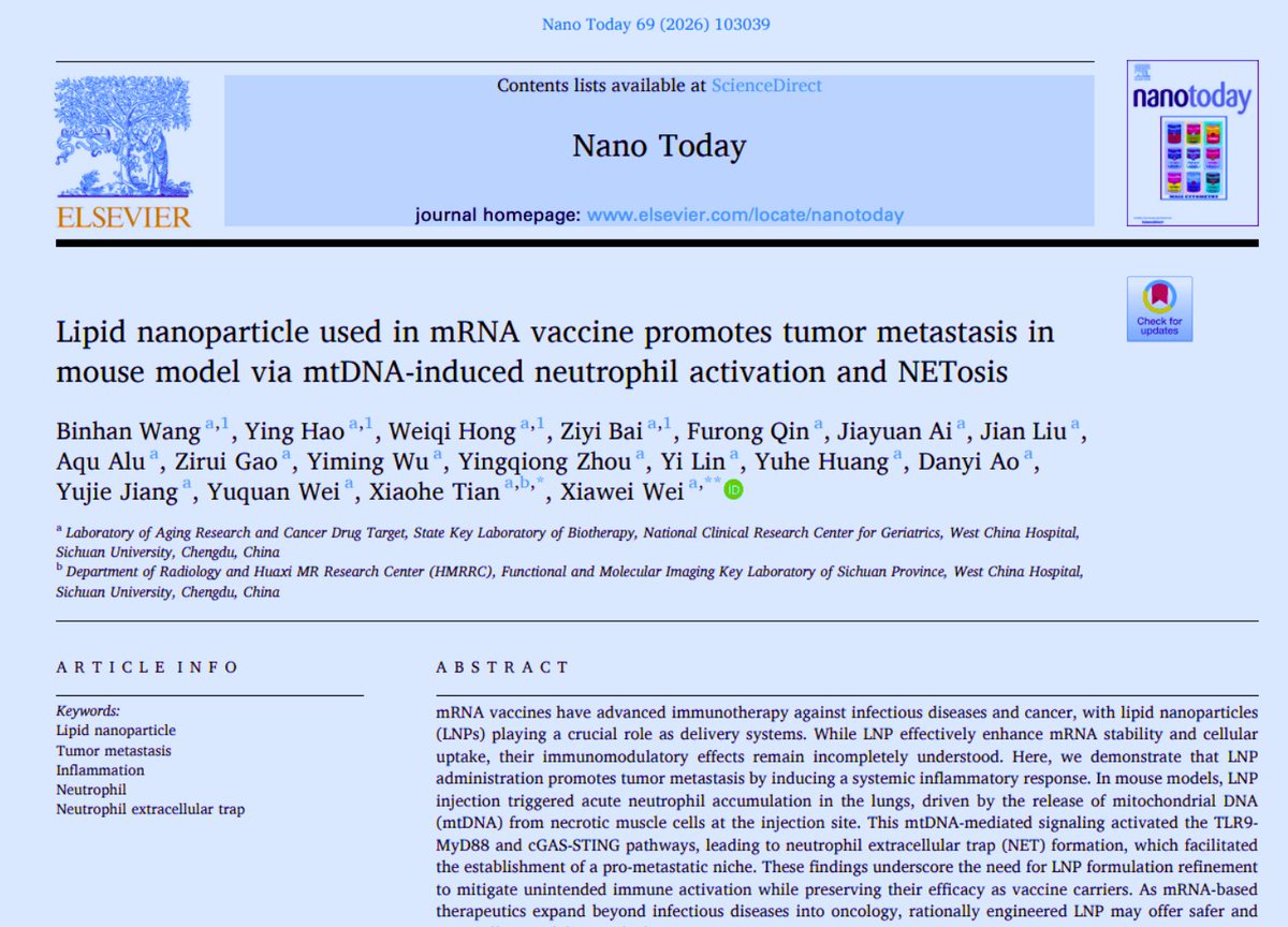 JonMFleetwood's tweet photo. Pfizer-Type Lipid Nanoparticles Even Containing No mRNA Increase Metastatic Tumor Burden More Than 10-Fold in Mice With Cancer: Journal ‘Nano Today’

“We demonstrate that LNP administration promotes tumor metastasis by inducing a systemic inflammatory response,” study authors confirm. “LNPs exhibited a promotive effect on tumor metastasis.”