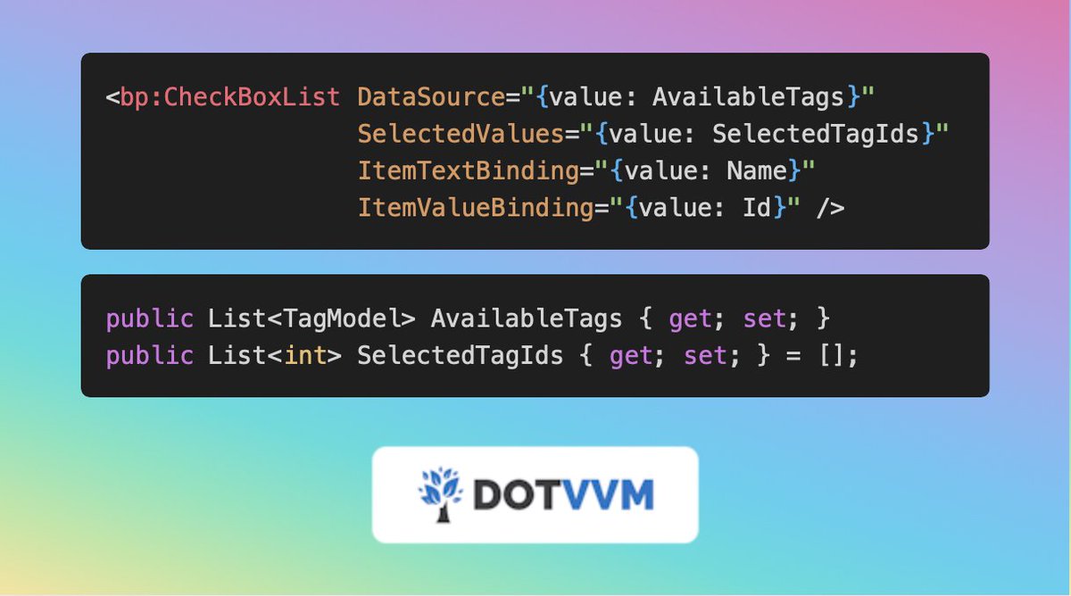 dotvvm's tweet photo. 📝 Tips and tricks
Need users to select multiple options from a list? Use <bp:CheckBoxList>! It binds cleanly to a collection of selected values. ✅

Discover more: https://t.co/u9N6vtuFOH https://t.co/ZwNfXEsZtZ