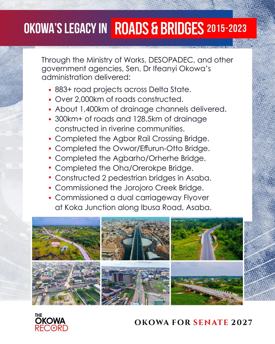 abangdove's tweet photo. Okowa was called the “Road Master” for a reason. His administration transformed communities through roads &amp; major infrastructure, with Asaba witnessing remarkable renewal.

The record is clear. In 2027, Delta North can look forward to stronger representation, &amp; more opportunities https://t.co/I05uyuZPu9
