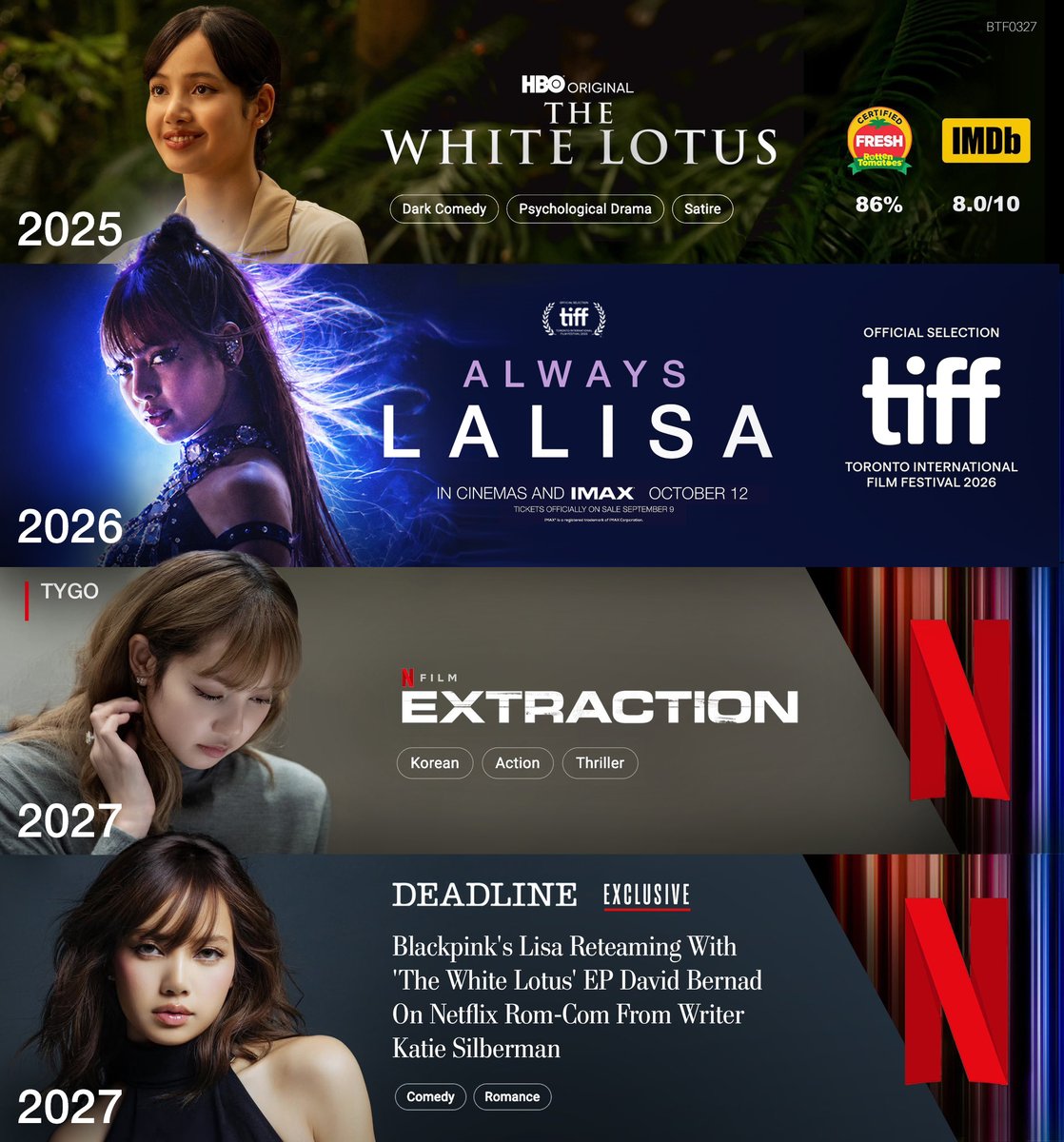 btf0327's tweet photo. lisa filmography 2025 — ongoing. https://t.co/AmWXBVkwN7