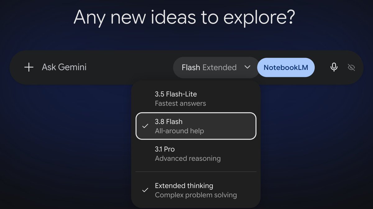 roberto_diazn's tweet photo. Ya aparece el nuevo Gemini 3.8 Flash. 
Esta semana quiero probarla para hacer pequeñas simulaciones para asignaturas de ciencias. https://t.co/zVu63j6uXA
