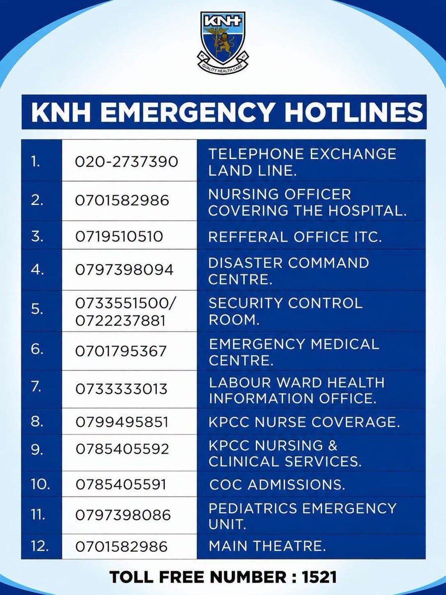 MOH_Kenya's tweet photo. Save these KNH emergency hotline numbers and share them widely. In an emergency, timely access to help can save a life. https://t.co/s8xA0n8l5e