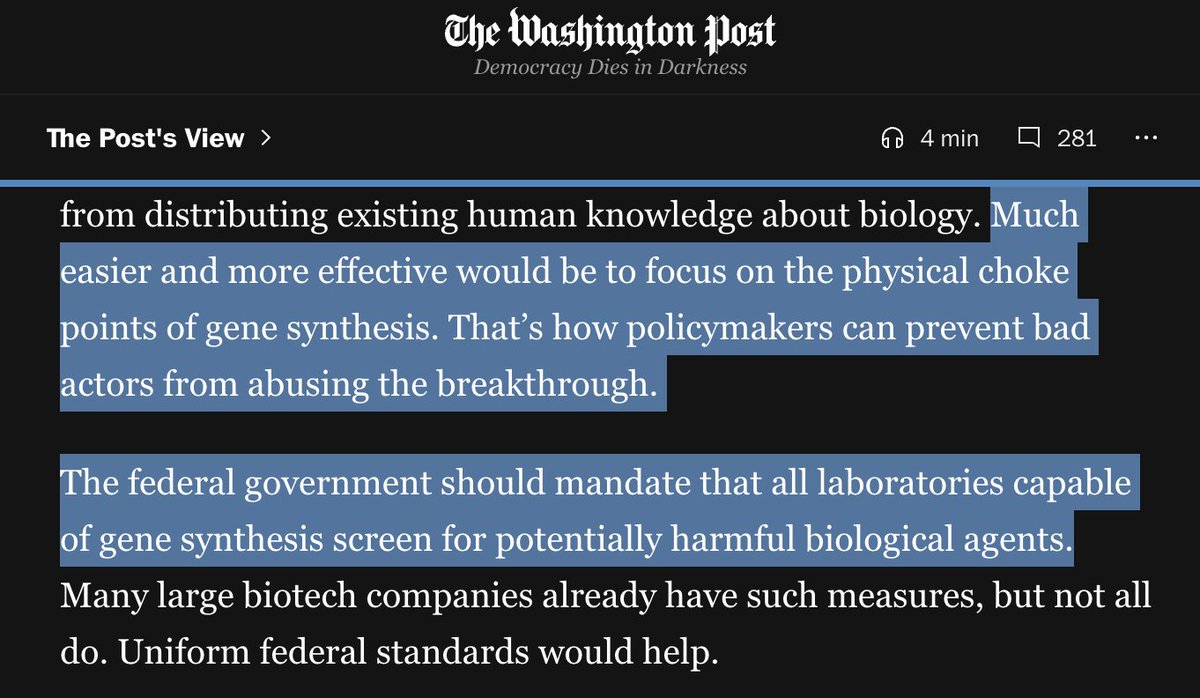 jtmonrad's tweet photo. You might expect me to do a victory lap, seeing the agenda we’ve pushed relentlessly for years go from fringe focus to, eg, WaPo editorials

Sure, I’m glad we’ve realized it’s a no-brainer to secure catastrophically misusable DNA in the age of AI

But, also, let's be clear about a few things: First, we haven't done it yet!

There is still no policy implemented anywhere in the world – certainly not the US – that creates any reliable consequences whatsoever for a company that knowingly ships long fragments of the Ebola viral genome to a random postbox without asking any questions. (What the f***!) When I see praise for voluntary HHS frameworks or open letters or high-vibe endorsements, I really want to shake people's shoulders and say, wake up, we haven't won yet! Those milestones were all important, truly – but we only win when it's meaningfully harder for the next Aum Shinrikyo or unhobbled rogue swarm to acquire the building blocks of pandemic pathogens. And that will only happen when we pass some damm legislation. The bipartisan Biosecurity Modernization and Innovation Act is right there! Pass it!

Second, securing DNA will not be enough to make pandemics history. “No silver bullets” sounds trite, but that doesn’t make it false! And this is especially important to remember when AI leaders blatantly pass the biorisk buck to the DNA synthesis industry. Yes, I’ve been a monomaniac about DNA supply chain security; sometimes you’ve gotta Own the Problem. But, to be clear, I know that we’re screwed if my friends working on model safeguards, biosurveillance, and broadspectrum countermeasures don’t win, too.

Finally, there’s just so much more to AI resilience than bioresilience. Biorisk is nasty, but it’s also a small fraction of the dangers from transformative AI; a big motivation for going pedal to the metal on solving it is so that we can move on to the deluge of other challenges this tech suite will pose.

So, the bottom line here is: let’s actually secure the DNA supply chain, let’s also be all-in on the broader bioresilience agenda, and let’s repeat the playbook for transformative tech more broadly. Eyes on the prize, folks!