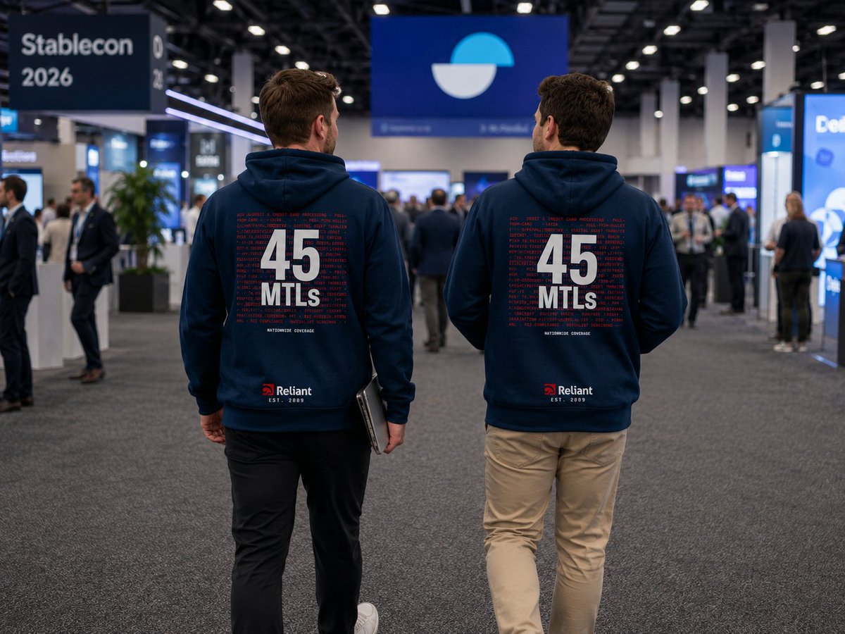 RAMFi_'s tweet photo. If you see @Captain_Owens or @JamesSMackenzie  walking around #Stablecon in our 45 MTL hoodies, come say hi.

45 money transmitter licenses + bank agency agreements give Reliant nationwide coverage to support businesses moving fiat currencies and digital assets.

Spot the hoodies. Come talk payments.