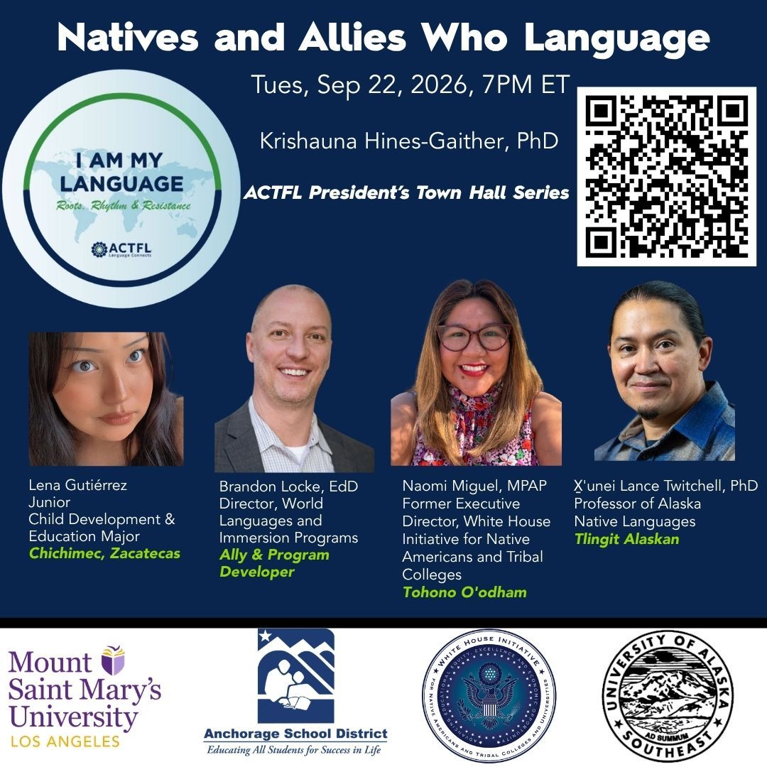 actfl's tweet photo. Join us for the next ACTFL President's Town Hall on Sept. 22 at 7 p.m. ET, featuring a special #IAmMyLanguage conversation with Native language advocates and allies.
Hear perspectives on language, identity, community, and advocacy.
🔗 Register today: https://t.co/vewf0ZNoqe https://t.co/zIx4zu8hxc