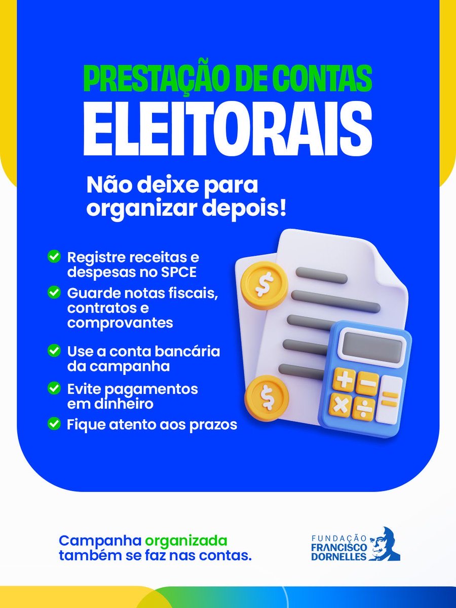 ffddornelles's tweet photo. Uma campanha bem organizada também precisa ter atenção às contas. Cada receita, despesa e comprovante faz parte de um processo que exige controle desde o início. https://t.co/qcyDnRBGKh