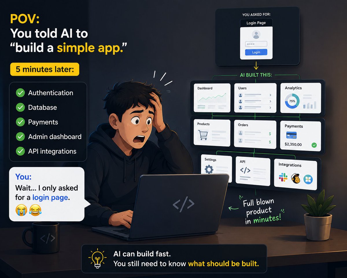 BOLEXMAN12's tweet photo. POV: You told AI to “build a simple app.”

5 minutes later:

Authentication ✅
Database ✅
Payments ✅
Admin dashboard ✅

You: “Bro�� I only asked for a login page.” 😭😂

AI can build fast.

You still need to know what to build.

#VibeCoding #AI  #crm https://t.co/S7VpuJhmkz