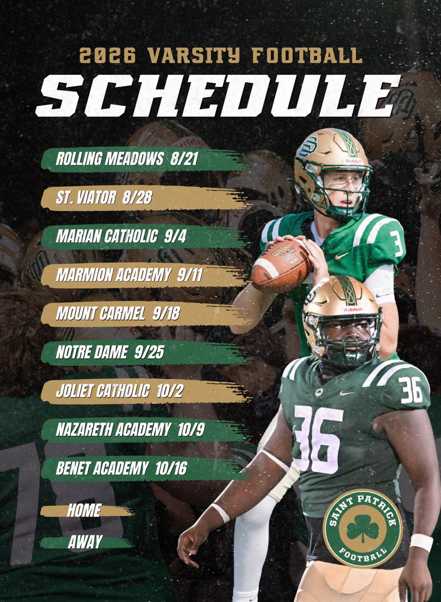 SaintPatrickHS's tweet photo. 🏈 FOOTBALL SEASON IS UNDERWAY!

The Shamrocks are 2-0, and just getting started. 

📍 SCHEDULE REMINDER: This week’s game has been moved back to its original date. St. Pat’s will take on Marian Catholic this FRIDAY, September 4, on the road at Marian Catholic (700 Ashland Ave, Chicago Heights, IL 60411).

See you Friday night! ☘️