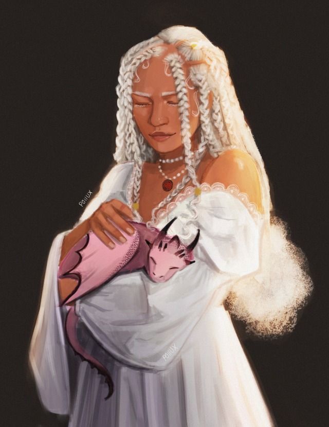 AcervoRhaena's tweet photo. "A senhorita Rhaena da Casa Targaryen, irmã gêmea da Valente Baela, trouxera um ovo de dragão consigo ao Vale… um ovo que se revelara fértil, produzindo uma filhote rosa-clara com chifres e crista pretos. Rhaena a chamou de Manhã."
Arte: @/PolluxArt_ no twitter https://t.co/sYaOrg68ky