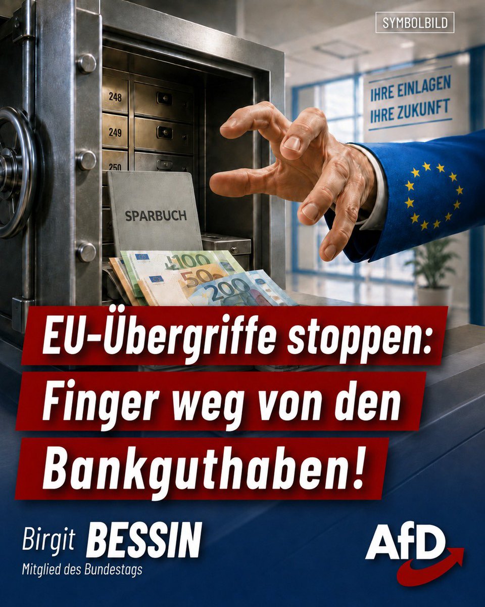 BirgitBessin's tweet photo. Finger weg von den #Bankguthaben der Bürger Europas! Die Enteignungspläne von der Leyens müssen gestoppt werden. Gerade wegen derartig entgleisenden Unionspolitikern muss die nationale Souveränität der Mitgliedsstaaten gestärkt werden. #AfD #Bessin
https://t.co/m8HNKzTXgs https://t.co/yUADYiW3z4