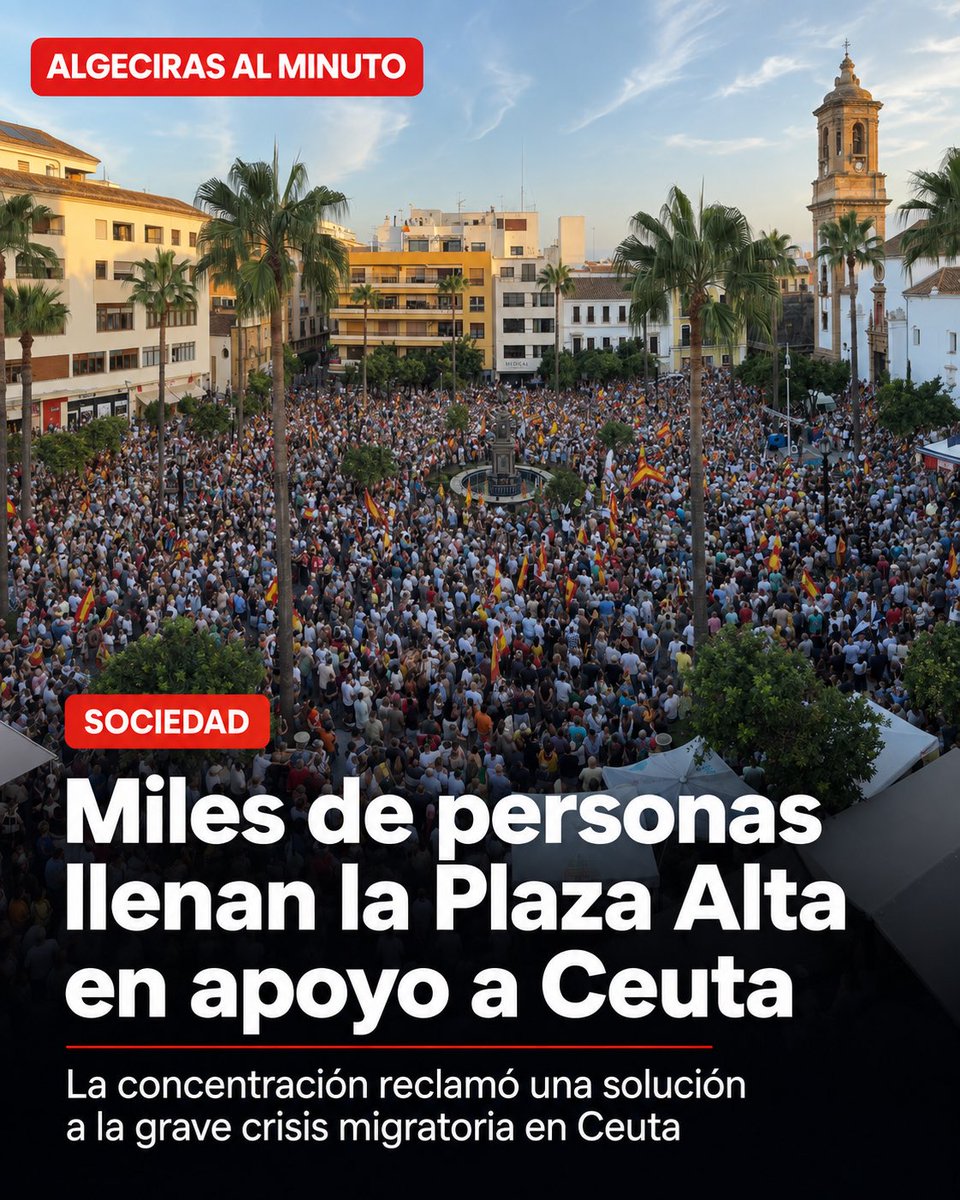 minutoes's tweet photo. 🇪🇸 ALGECIRAS SE VUELCA CON CEUTA (AVANCE)

Varios miles de personas han llenado esta tarde la Plaza Alta de Algeciras para mostrar su apoyo a Ceuta y reclamar una solución a la grave crisis migratoria que atraviesa la ciudad autónoma.

El acto ha comenzado con la lectura de varios manifiestos a cargo de conocidos ceutíes afincados en Algeciras y del presidente de la Asociación de la Prensa, Adrián Cortés.

Uno de los momentos más simbólicos se ha vivido con el izado de la bandera de Ceuta mientras sonaba el himno de la ciudad autónoma, ante una Plaza Alta abarrotada y con numerosas banderas entre el público.

La concentración ha concluido con el himno de España y con el agradecimiento del alcalde de Algeciras a los ciudadanos por la multitudinaria respuesta.

La convocatoria algecireña ha formado parte de los actos celebrados a las 20.00 horas en distintos puntos de España para exigir una solución a la situación que atraviesa Ceuta.

Algeciras y Ceuta han vuelto a demostrar esta tarde los profundos vínculos humanos, familiares y sociales que unen ambas orillas del Estrecho.

#Algeciras #Ceuta #PlazaAlta #CampodeGibraltar