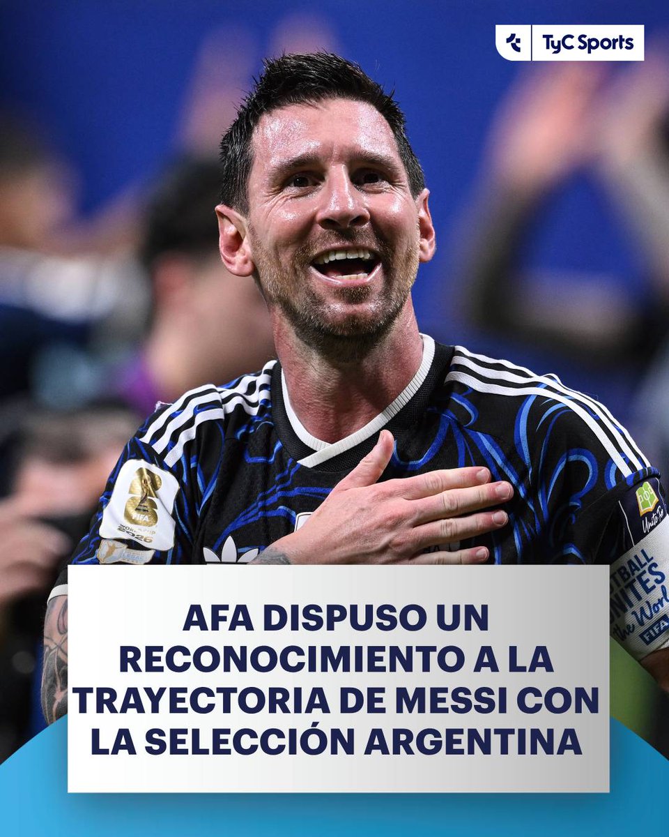 TyCSports's tweet photo. 🇦🇷 AFA estableció en un Boletín que "en la próxima fecha de todas las Categorías de todas las Disciplinas masculinas y femeninas (Once, Futsal y Fútbol Playa) se detenga el partido a los diez minutos del Primer Tiempo y se brinde un minuto de aplausos en reconocimiento a la trayectoria de Lionel Messi con la Selección Argentina".