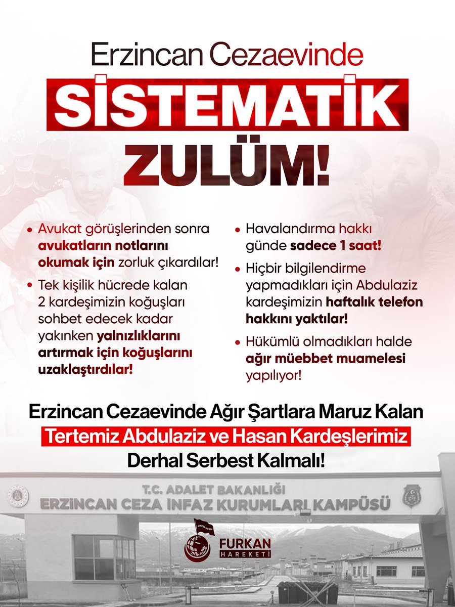 fhoncunesil's tweet photo. Erzincan Cezaevinde SİSTEMATİK
ZULÜM!

Erzincan Cezaevinde Ağır Şartlara Maruz Kalan Tertemiz Abdulaziz ve Hasan Kardeşlerimiz Derhal Serbest Kalmalı!

FurkanGönüllülerine Ozgürlük
TecritZulmüne SonVerin
#YeterArtık
