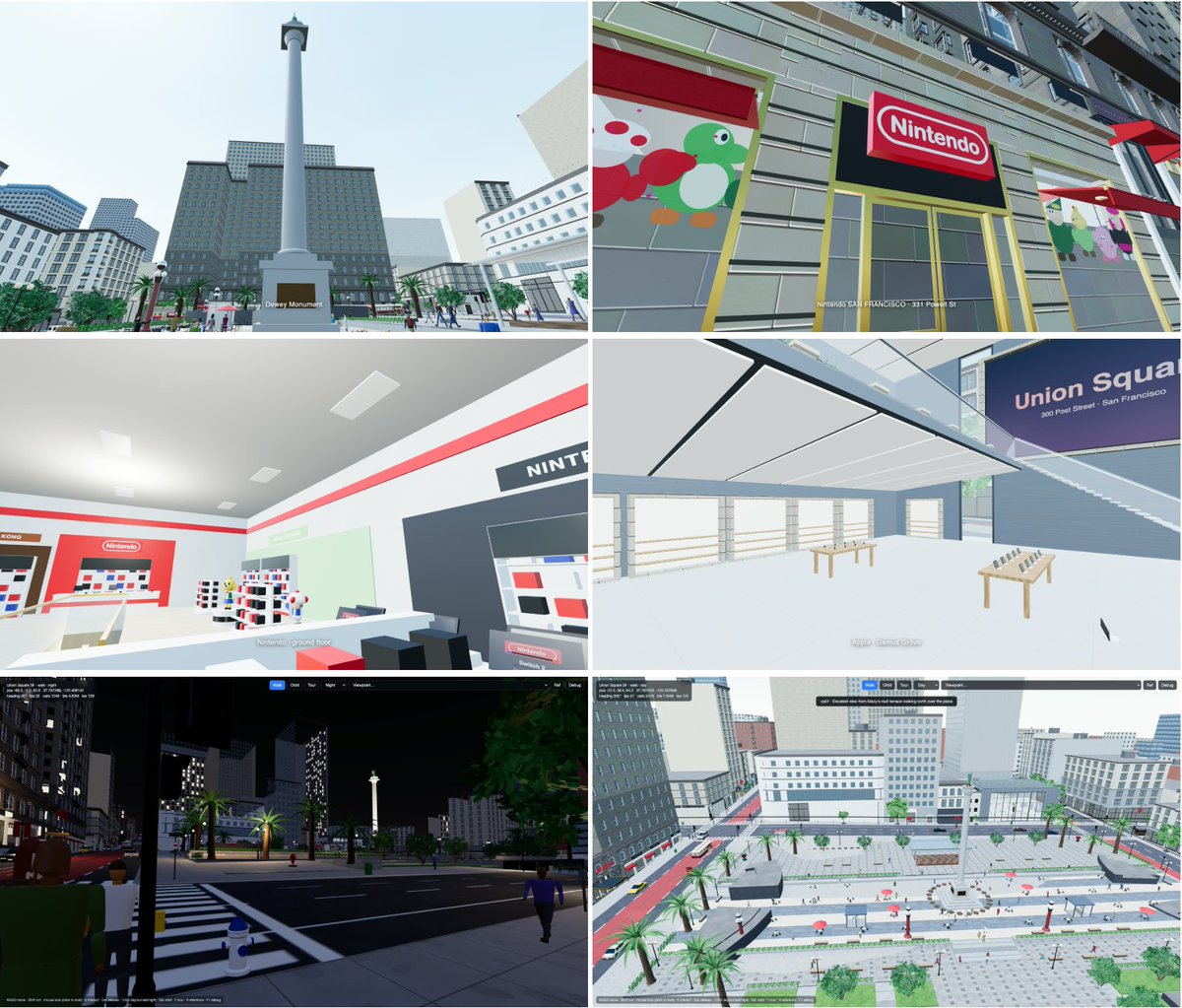 c_hu_1729's tweet photo. fable 5.1 generated an interactive 3D union square, and the agent filmed its own tour guide vid inside it. you can walk Powell to Stockton, read the actual storefronts, cross a working intersection, watch a cable car go by. went inside Apple and the Nintendo store, lower level included 

source code + more worlds soon: https://t.co/YW5RPvvjfr

@karpathy @AnthropicAI