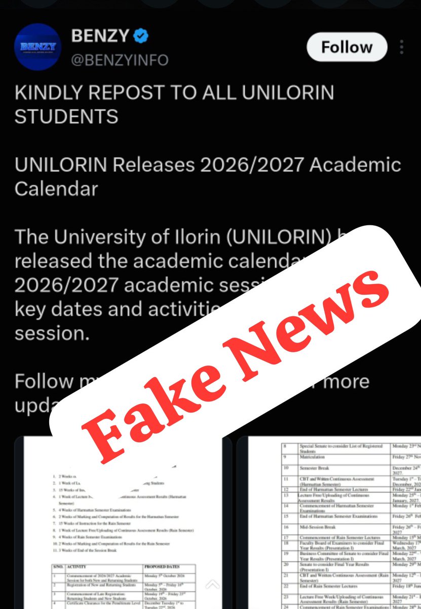 UnilorinNGR's tweet photo. DISCLAIMER: 2026/2027 ACADEMIC CALENDAR

The University of Ilorin has NOT released the Academic Calendar for the 2026/2027 academic session.

Members of the public, students, and prospective candidates are advised to ignore false information circulating online. https://t.co/Abz79nyOZ4