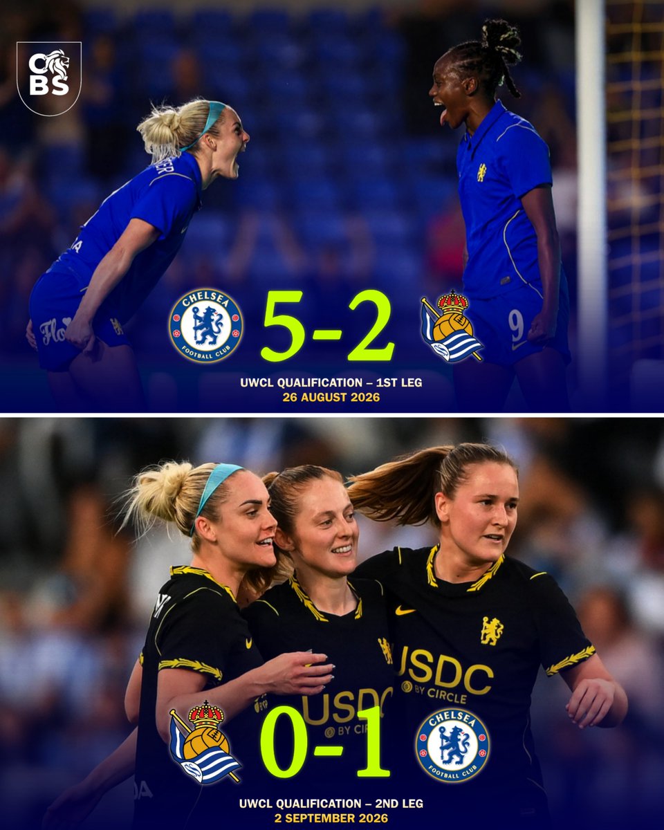 BlueStandardMed's tweet photo. Chelsea Women defeated Real Sociedad 6-2 on aggregate to secure their place in the UEFA Women’s Champions League league phase. 🔵🏆

The Blues are through to Europe’s biggest stage once again. 💙 https://t.co/3SCaYfxxBd