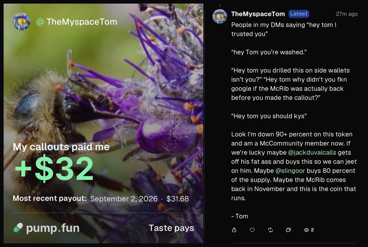 The_myspace_tom's tweet photo. It takes a lot of guts to be a pumpfun caller like me and @slingoorio, but that’s why we get paid handsomely. 

I find that they pay you more if you’re very honest about your losses and humble about your wins. https://t.co/ouEpqbbD5N