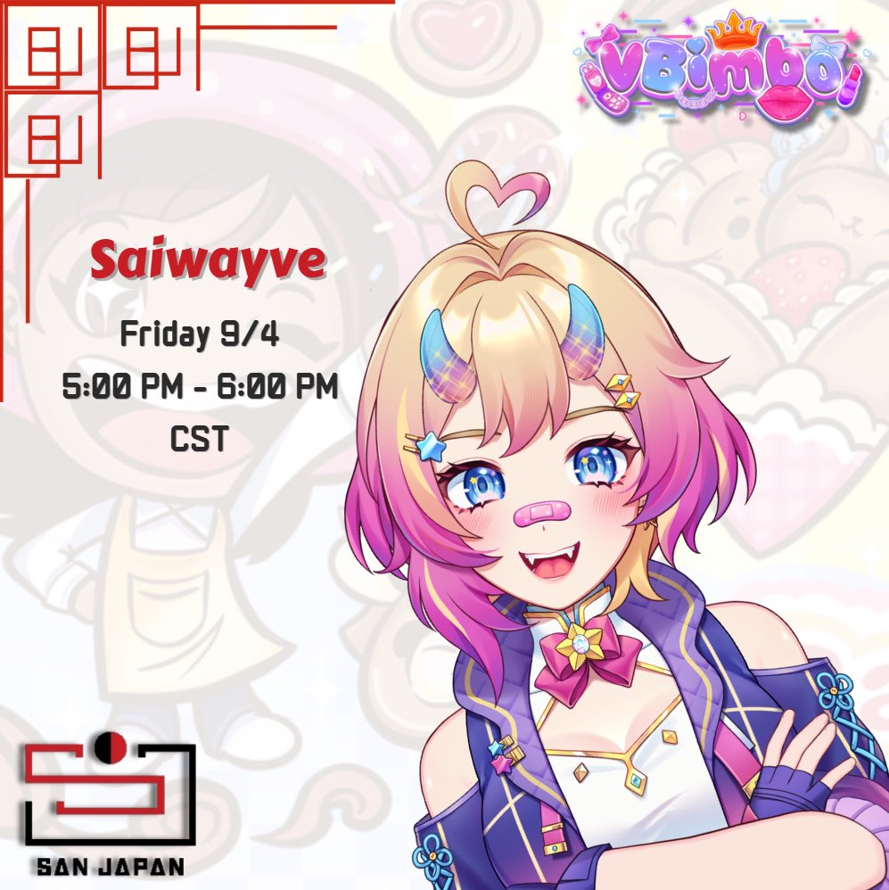 Saiwayve's tweet photo. ✨⛩️ SAN JAPAN MEET &amp; GREET ⛩️✨
I’ll be going digitally to #SanJapan this Friday at 5pm -6pm!!!!
I’m so excited to be there and meet everyone!!!  💕
Thank you too  @VBimboOfficial &amp; @VTHandlerForFun for taking me to the real world!!!! 
✨⛩️✨⛩️✨⛩️✨ https://t.co/rLTF6aEH7r