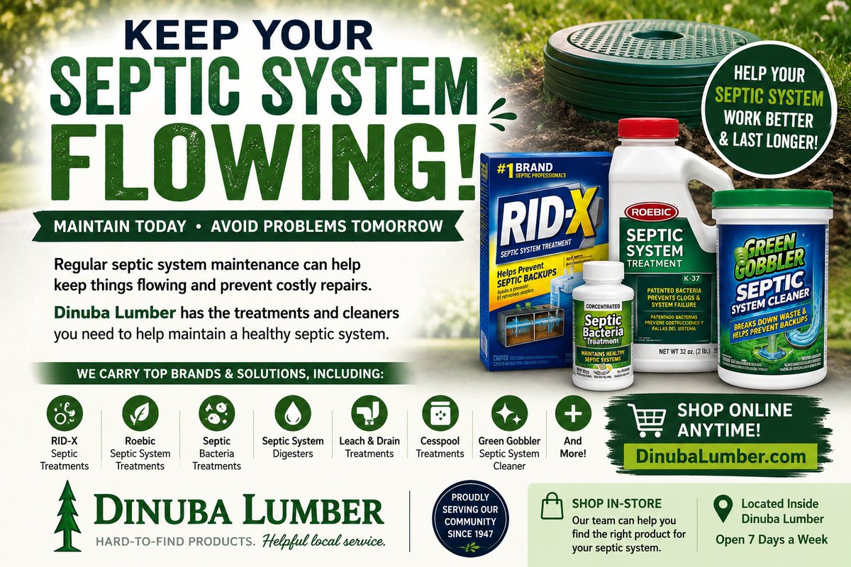 DinubaLumber's tweet photo. 🚽 **KEEP YOUR SEPTIC SYSTEM CLEAN &amp; WORKING PROPERLY!**

Regular septic system maintenance can help keep things flowing and prevent unwanted problems.

**Dinuba Lumber has septic tank treatments and cleaners to help maintain your system**, including:

🔹 RID-X Septic... https://t.co/OEr3huoD4a