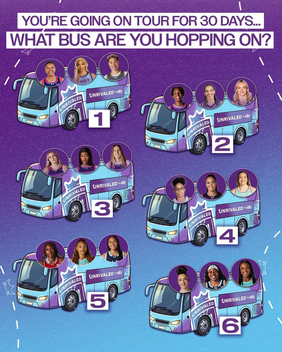 Unrivaledwbb's tweet photo. A month is a long time…choose wisely 😂 which bus y’all picking? 👀 https://t.co/ysimXCS62X