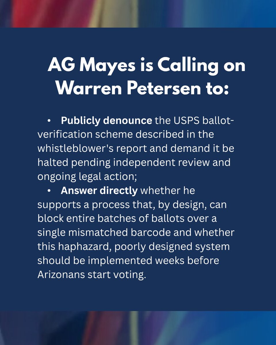 krismayes's tweet photo. I am fighting in court to protect every eligible Arizonans' right to vote and will continue to do so. My opponent wants to take over my job as the state's top law enforcement officer and be the one responsible for ensuring Arizona’s laws regarding voting by mail are followed. He must denounce the USPS scheme without delay and call on the federal government to not interfere in Arizona’s elections.