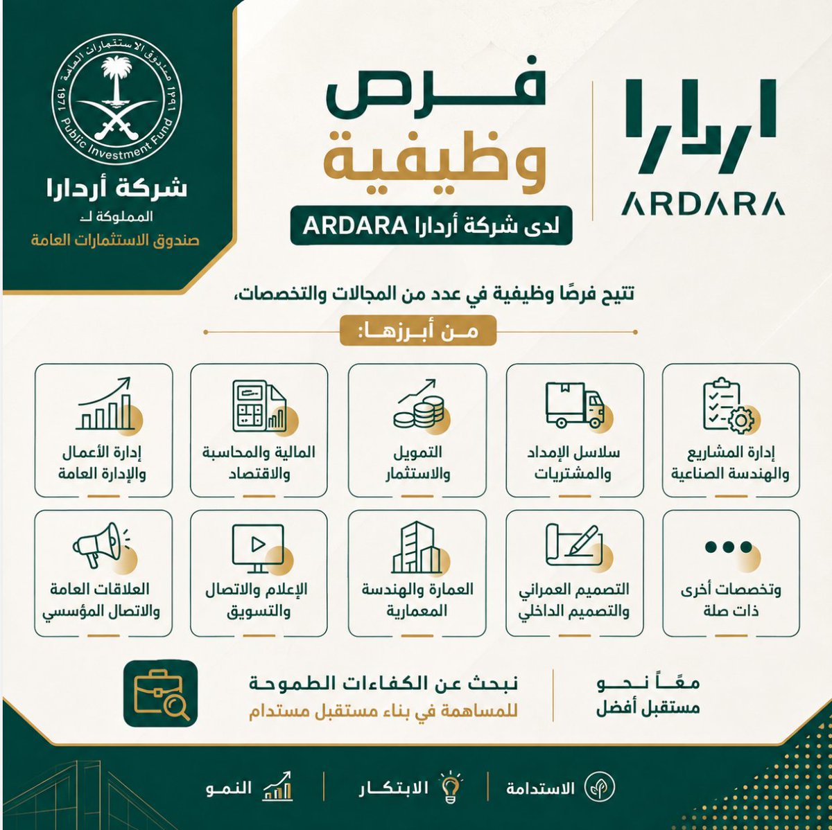 sas_jobss's tweet photo. 🚨 فرص وظيفية لدى شركة أردارا ARDARA

شركة #أردارا | مملوكة لـ #صندوق_الاستثمارات_العامة
 تتيح فرصًا وظيفية في عدد من المجالات والتخصصات، من أبرزها:
🔹 إدارة الأعمال والإدارة العامة
🔹 المالية والمحاسبة والاقتصاد
🔹 التمويل والاستثمار
🔹 سلاسل الإمداد والمشتريات
🔹 إدارة المشاريع والهندسة الصناعية
🔹 العلاقات العامة والاتصال المؤسسي
🔹 الإعلام والاتصال والتسويق
🔹 العمارة والهندسة المعمارية
🔹 التصميم العمراني والتصميم الداخلي
🔹 وتخصصات أخرى ذات صلة

للتفاصيل والتقديم :
🔗https://t.co/TdIY0TqPWF

#وظائف #وظائف_السعودية #التوظيف