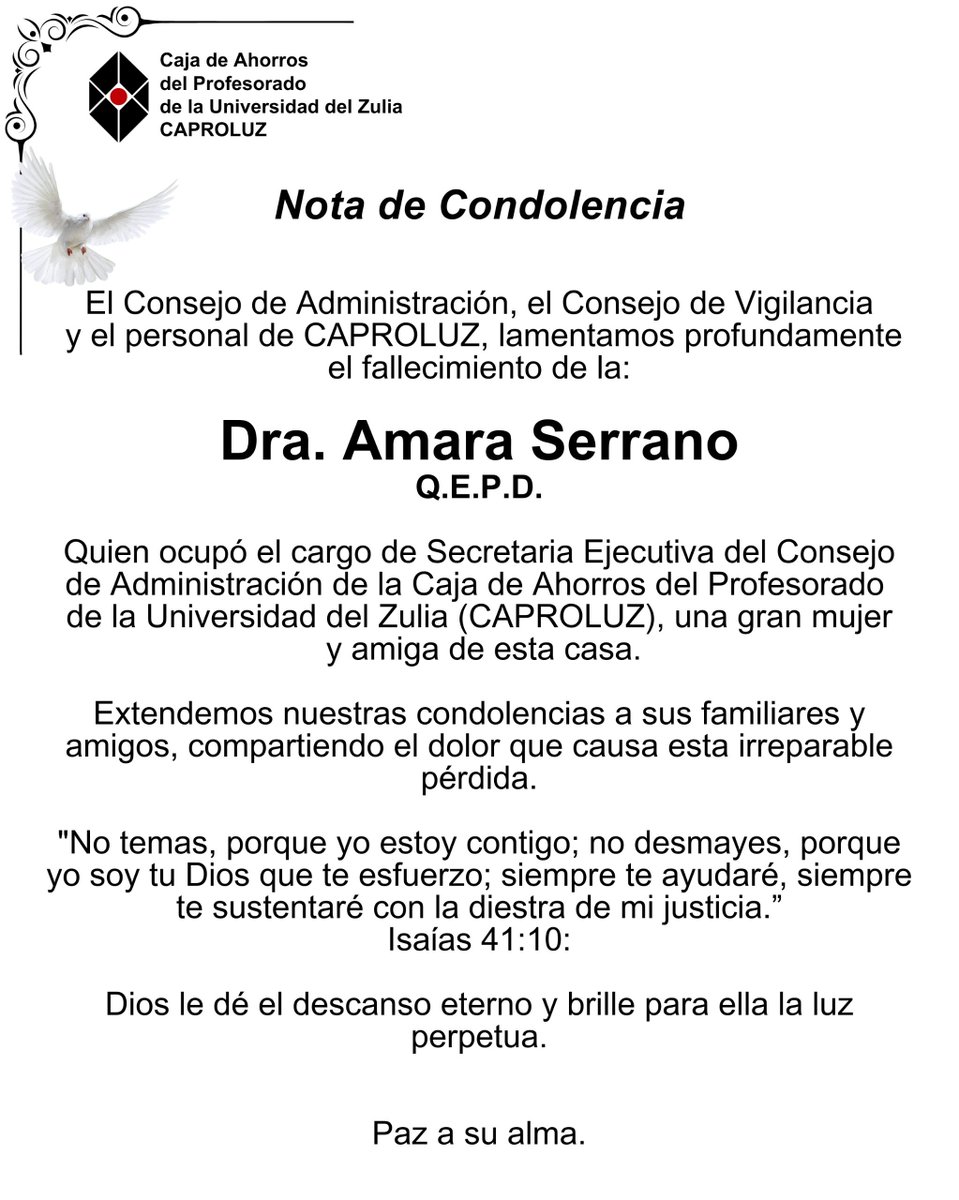 CAPROLUZOFICIAL's tweet photo. Que en paz descanse 🕊️

#caproluz #duelo #condolencia https://t.co/2LB6TNCMXX