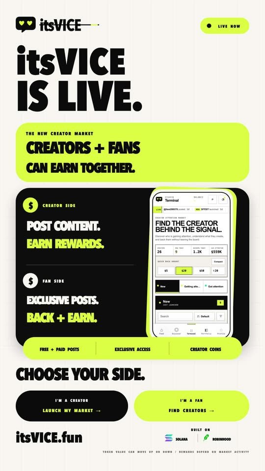 itsvicefun's tweet photo. itsVICE is live. Free to launch. Built for attention.

A new creator market where creators post, fans back who they believe in, and both can participate in the upside.

Join now → https://t.co/PWmjhkCI7Z https://t.co/2fDs3qZy5C