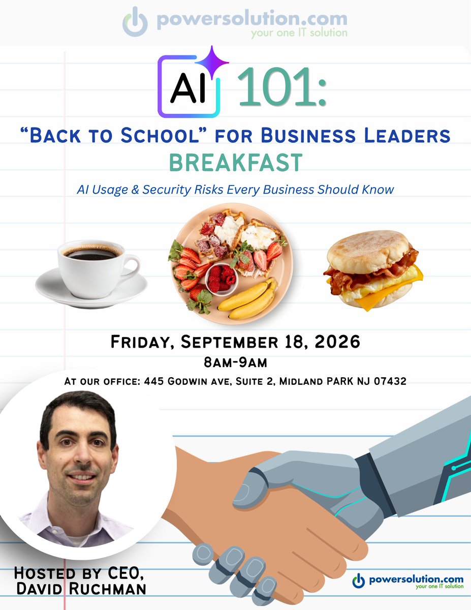_powersolution_'s tweet photo. 🤖 AI is changing business. Is your business ready?

Join Powersolution in-person at our office, Sept. 18, 8–9 AM for a Breakfast Brief on AI Usage &amp; Risk. Get practical guidance on adopting AI securely.

Register here - Spots are limited: https://t.co/e3wRHVXGar https://t.co/f6cml5RmNW