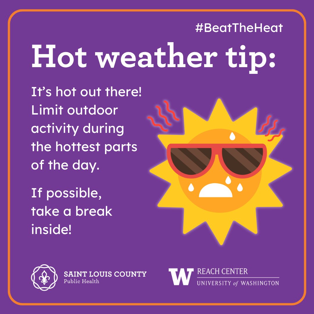 StLCountyDOH's tweet photo. During hot weather, limit your outdoor activity during the hottest parts of the day (generally late afternoon). If possible, take a break inside!

#BeatTheHeat #HotWeatherTip https://t.co/gfdr5rclJL