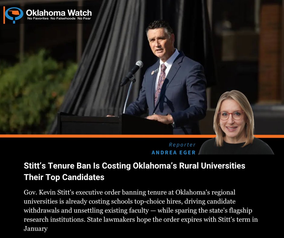 OklahomaWatch's tweet photo. East Central University in Ada settled for a second-choice hire in computer science after its top candidate turned down the job. The reason: no tenure track. The tenure ban expires with Stitt in January unless the next governor renews it.

https://t.co/YCaJRaGBHx https://t.co/Evl8SgGzPS
