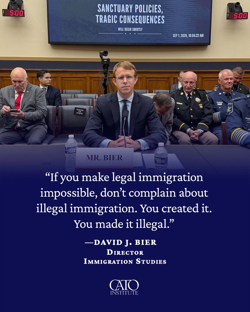 CatoInstitute's tweet photo. If you make legal immigration impossible, don’t complain about illegal immigration, says Cato Institute’s Director of Immigration Studies @David_J_Bier in testimony before the House Judiciary Subcommittee.
 
“Focus on justice for victims but let peaceful people contribute legally to this country.”
 
Learn more: https://t.co/mu3DI8OLJ5