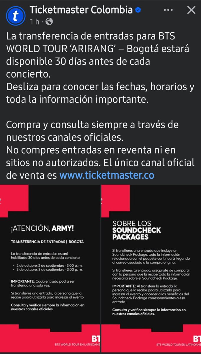 BTS_Colombia's tweet photo. #ARMYColombia Ticket máster ya realizo comunicado sobre la transferencia de las boletas. https://t.co/SwvGPAfMtD