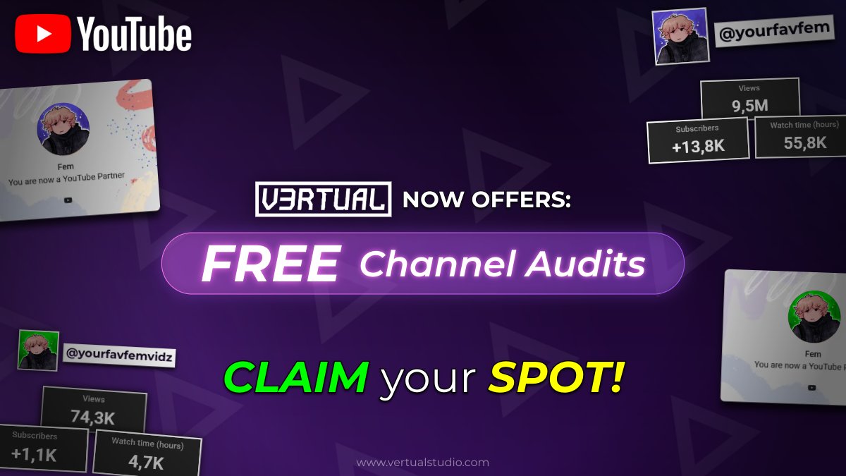 vertualofficial's tweet photo. We now offer unlimited Channel Audit calls for NOTHING!

If you are a upcoming creator, don't spend your money on "experienced" creators.

Schedule your call below! ⬇️
https://t.co/HBlLvmpK2z https://t.co/B3K2W2nqwD