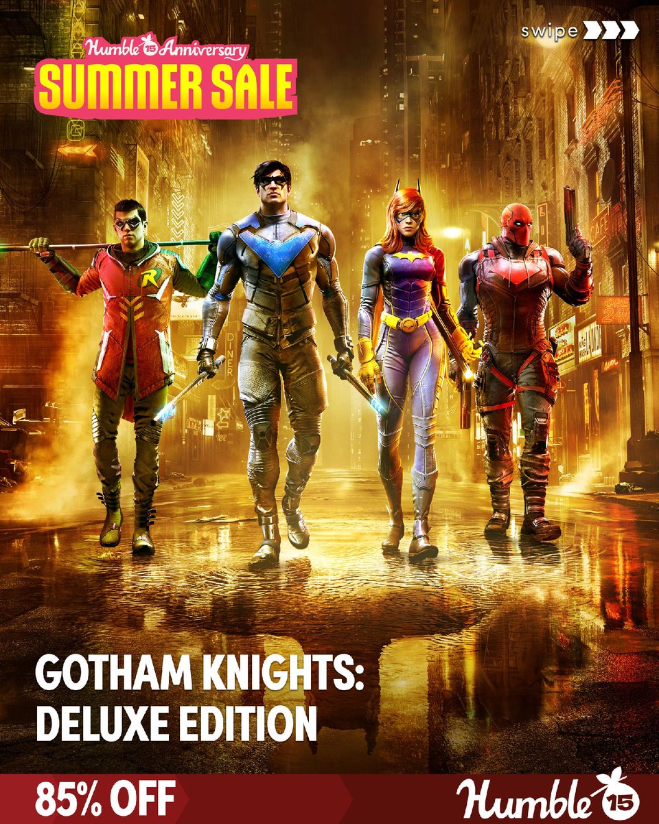 humble's tweet photo. Batman is dead. It is now up to the Batgirl, Nightwing, Red Hood, and Robin - to protect the city in Gotham Knights, now 85% off during the Humble Summer Sale. https://t.co/vBuAjIPjfL https://t.co/yoHQ0J5fuQ