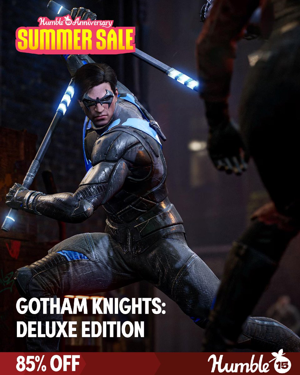 humble's tweet photo. Batman is dead. It is now up to the Batgirl, Nightwing, Red Hood, and Robin - to protect the city in Gotham Knights, now 85% off during the Humble Summer Sale. https://t.co/vBuAjIPjfL https://t.co/yoHQ0J5fuQ