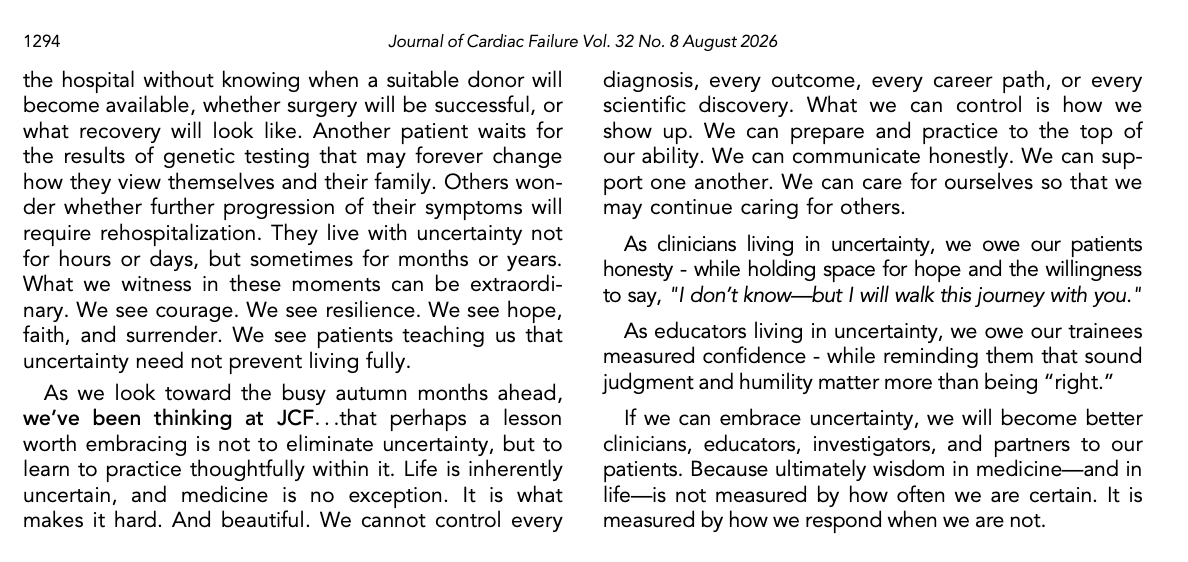 dranulala's tweet photo. I've been MIA on SoME fronts...taking some time to go inward & recalibrate. 

Still, wanted to share our Aug Ed page @JCardFail on something I'm always working on...embracing uncertainty. 

It may resonate w/our trainees waiting on interviews as well as graduating ones taking on new jobs. 

Wishing everyone compassion and grace...as we all navigate the ongoing challenge of embracing uncertainty 🙏 

https://t.co/lbxinhPBBI